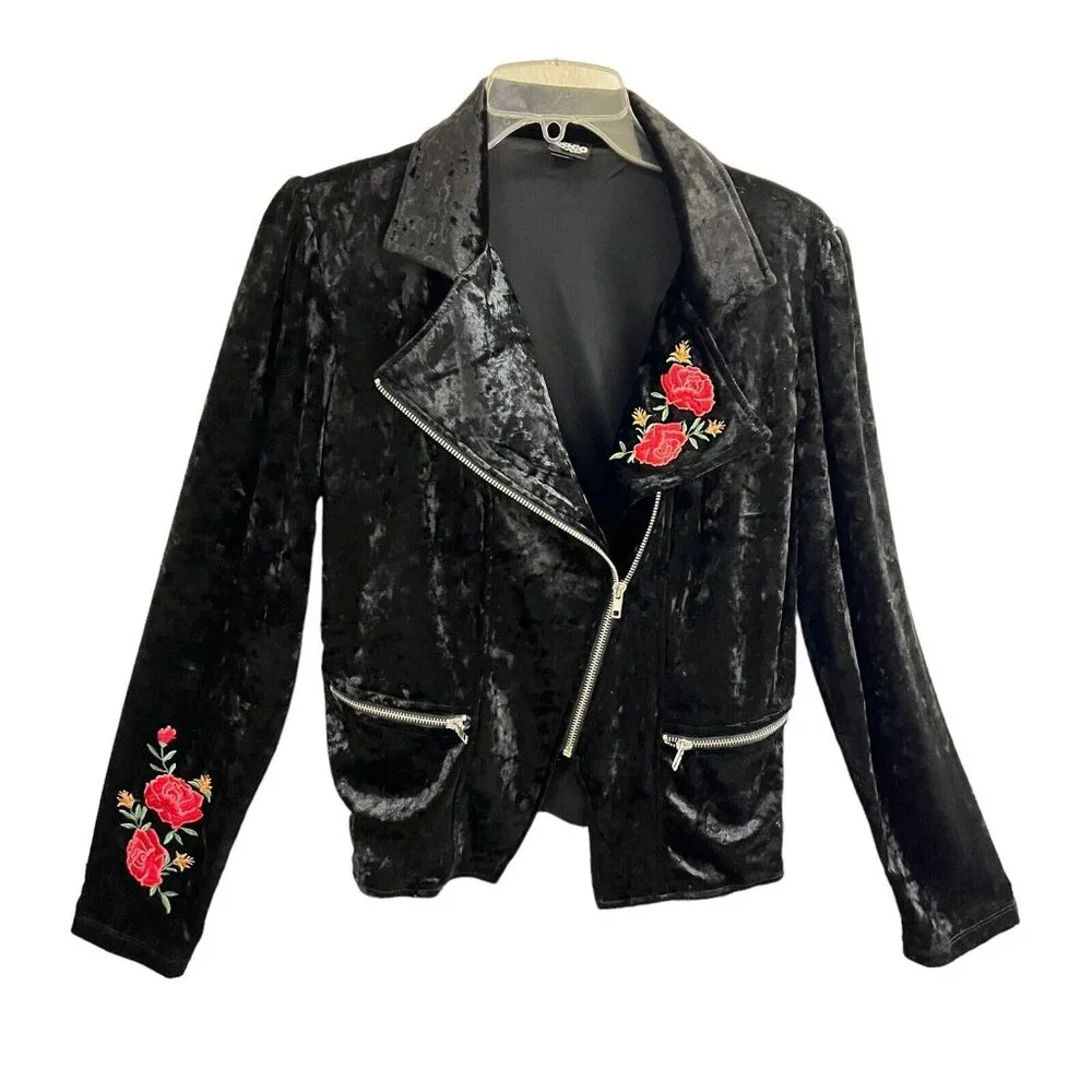 Disney Coco Junior Teen XL Moto Jacket Black Velvet Velour Rose Embroidered - Picture 1 of 13